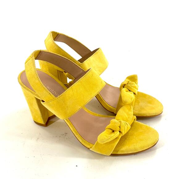 Stuart Weitzman Bandeau Heels 6 Yellow Suede Bow Sandals NWOT Travel Resort - Picture 1 of 6